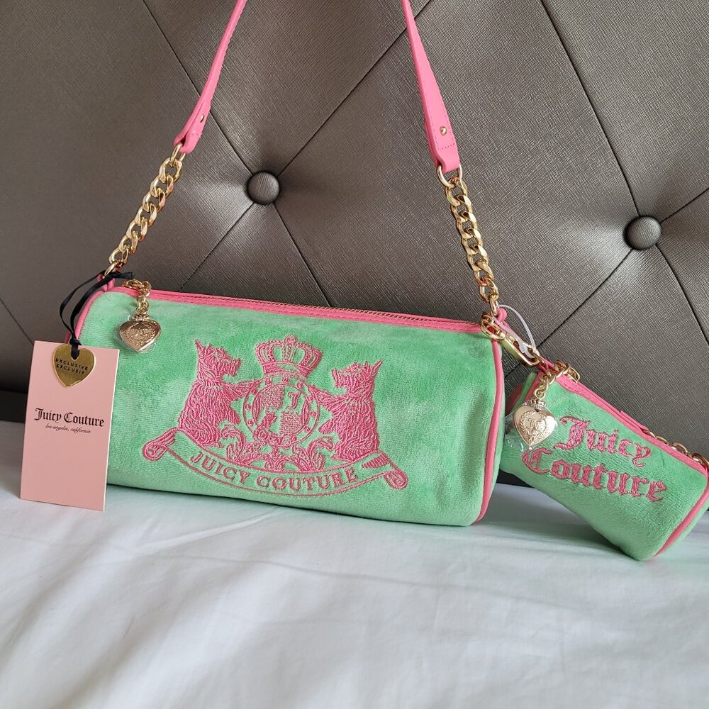 *SOLD*💚🩷Juicy Couture Scottie Dogs Barrel Satchel in Green and Pink Velour